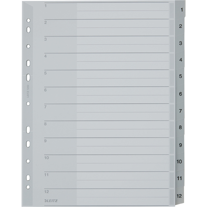 LEITZ Kunststoff-Register, Zahlen, A4 berbreite, 1-12, grau