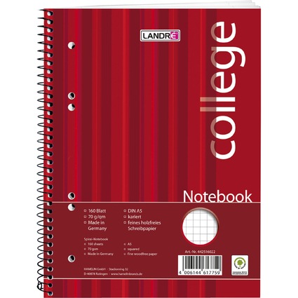 LANDR Notebook "college" DIN A5, 160 Blatt, kariert