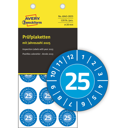 AVERY Zweckform Prfplaketten, 2025, NoPeel, blau, 20 mm