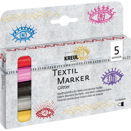 KREUL Textilmarker Glitter, medium 5er-Set