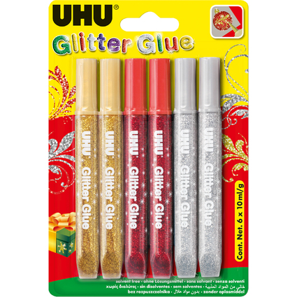UHU Glitzerkleber Glitter Glue "Festliche Farben", 6 x 10 ml