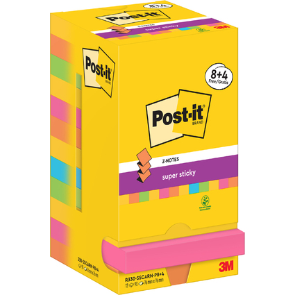 Post-it Super Sticky Z-Notes Haftnotizen, 76 x 76 mm, 8+4