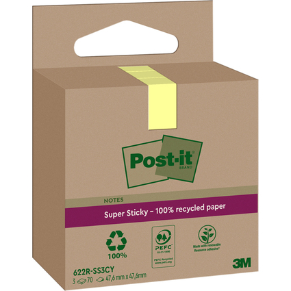 Post-it Super Sticky Recycling Notes, 47,6 x 47,6 mm, gelb