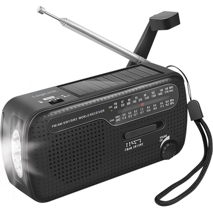 LogiLink Dynamo-Handkurbel-Radio, Solarpanel & Taschenlampe