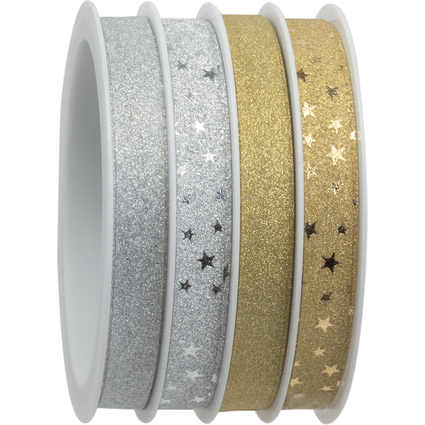 CACTUS Geschenkband-Multispule, 4-fach, Glitter, gold/silber