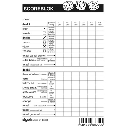 Expres Scoreblok voor yahtzee, 105 x 148 mm, 100 vel